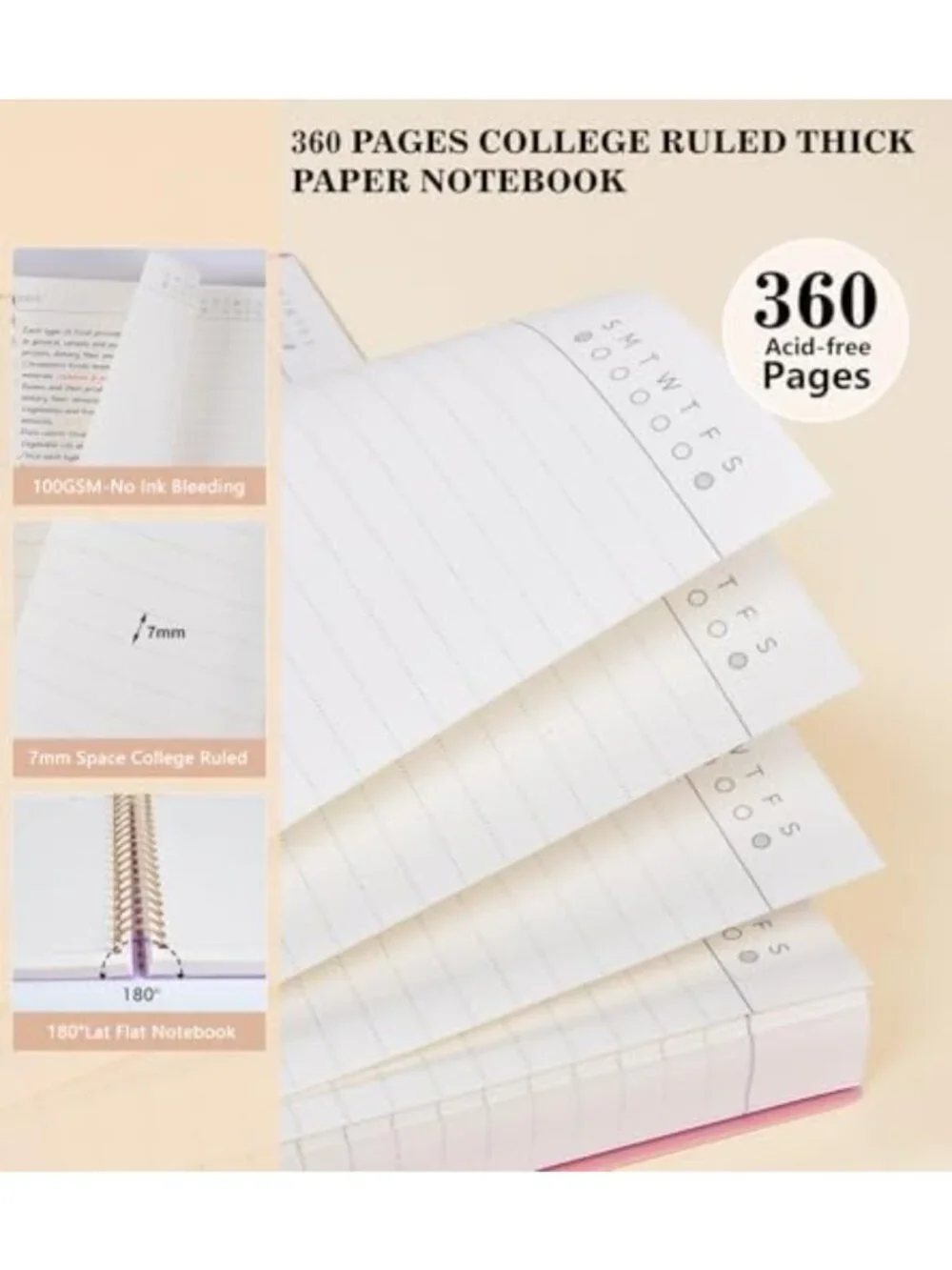 Large Pink Spiral Notebook Journal - 360 Pages, College Ruled, Thick Paper for